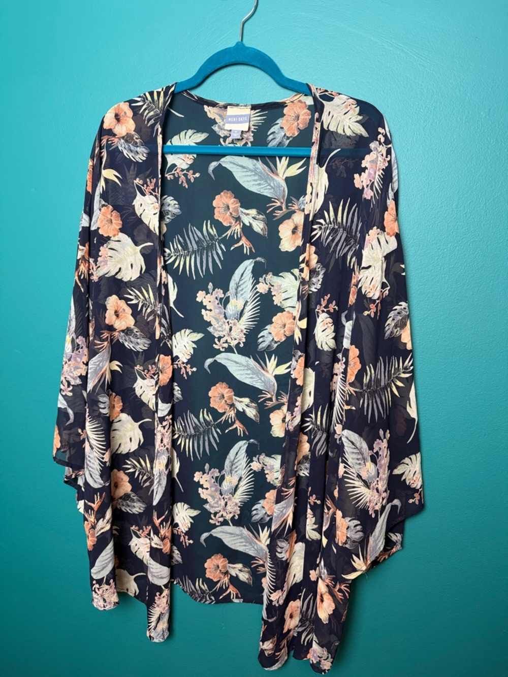Floral Open Front Kimono Tunic - Black Peach